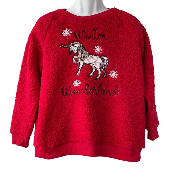POOF Winter Wonderland Unicorn Sherpa Ugly Christmas Sweater Size Large - Picture 1 of 4